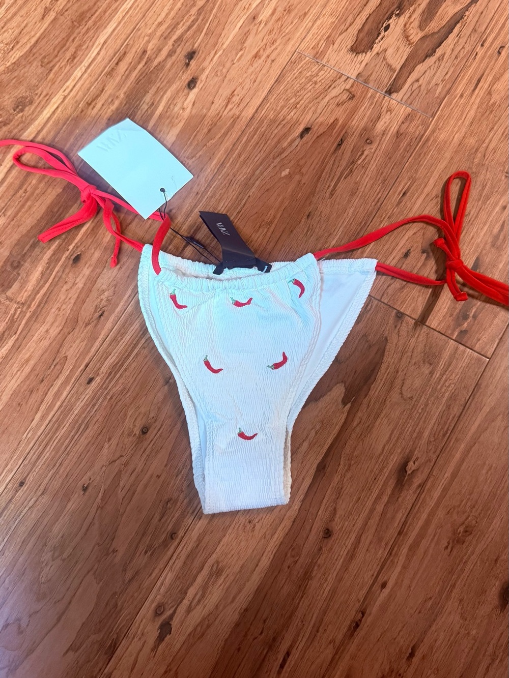 Zara NWT Swim White Bikini bottom with Red chill pepper Accents